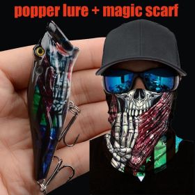 1pc Popper Lure Skull Fishing Lure Artificial Bait + 1pc Mask Magic Scarf Headband Balaclavas (Color: (208-1+MS027))